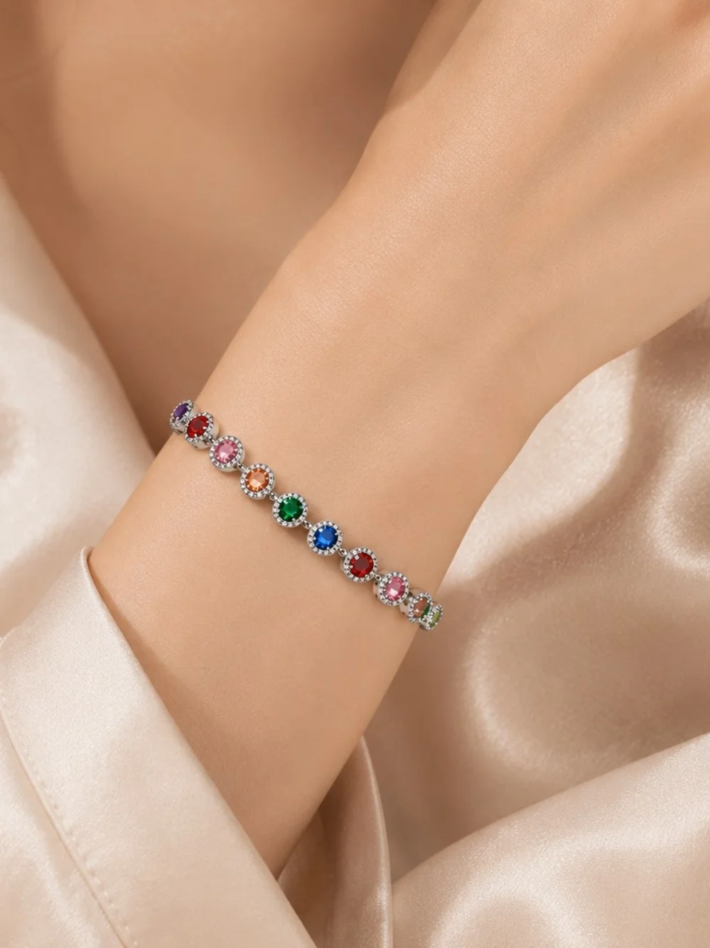 Multicolor Crystal Link Bracelet in Silver-Tone